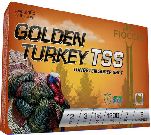 Fiocchi Ammo Golden Turkey TSS 12ga shells, 3, 1⅝ oz, #7 shot, 1200 FPS; non-toxic, EnviroShield label. Pack of 5 rounds with wild turkey art and orange background.