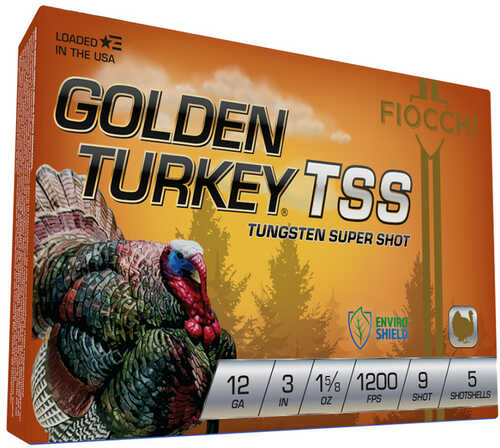 A box of Fiocchi Ammo Golden Turky TSS 12ga shells, 3, 1 5/8 oz, #9 shot, 1200 fps, five rounds per box. Features non-toxic shot and EnviroShield; packaging showcases a detailed turkey image.