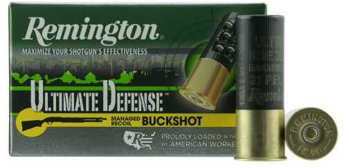 A box of Remington 12 Gauge 5 Rounds Ammunition, 2 3/4, 21 Pellets Lead #4 Buck, is shown with one shell upright and another on its side. The green box highlights bold yellow and white branding, ideal for home defense.