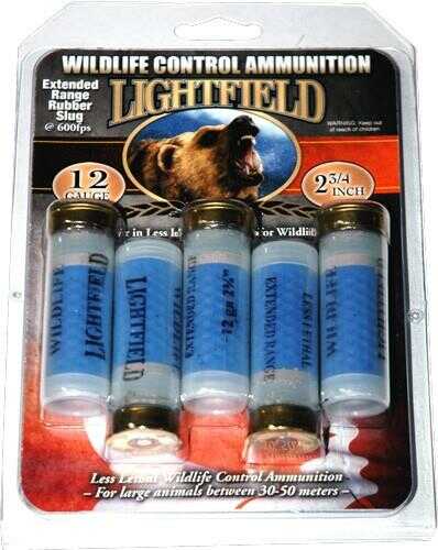 A 5-round pack of Lightfield Ammo 12 Gauge 2 3/4 1 1/4 oz rubber slugs for large animals. Packaging shows a roaring bear and highlights range, size, and 1450 fps performance. Features blue casings and labels.