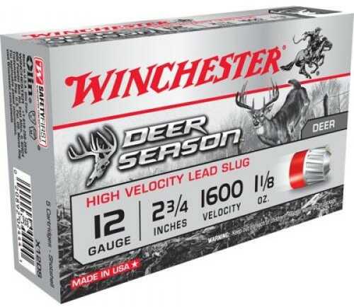 A box of Winchester 12 Gauge 5 Rounds Ammunition, 2 3/4, 1.25 oz slug, features bold red and white text and a striking deer graphic on the packaging.